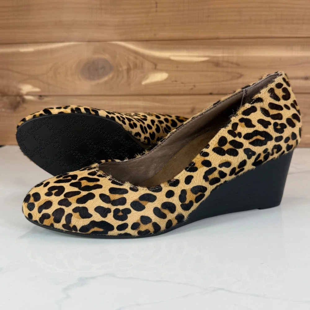 Vionic Leopard Print Calf Hair Wedge Pumps Womens 10 Round Toe Animal Print